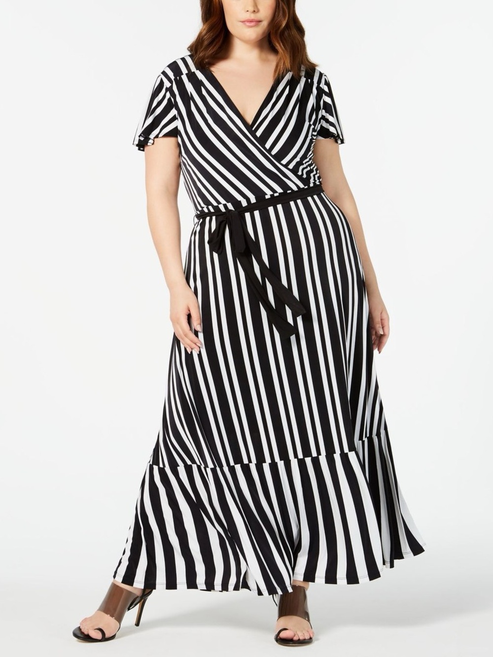 INC International Concepts Black and White Vertical Stripe Wrap Maxi Dress